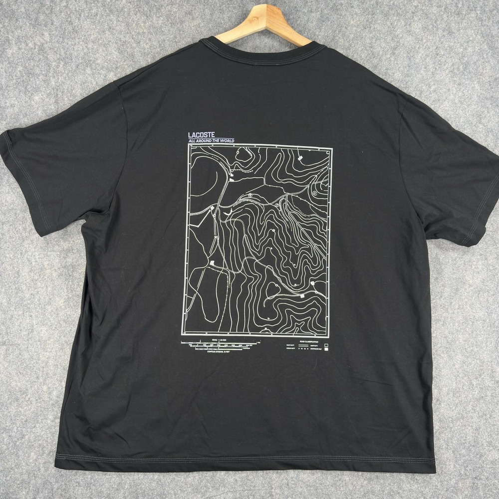 Lacoste Shirt Mens 3XL Black Mountain Map Graphic Organic Cotton Tee Outdoor